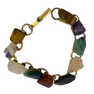 Vintage Gold Tone Multi Gemstone Tumbled Chip Link Bracelet Boho Multicolor